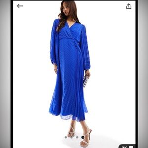 ASOS DESIGN Cobalt Blue Pleated Textured Chiffon Maxi Wrap Dress W/ Sleeves, S12